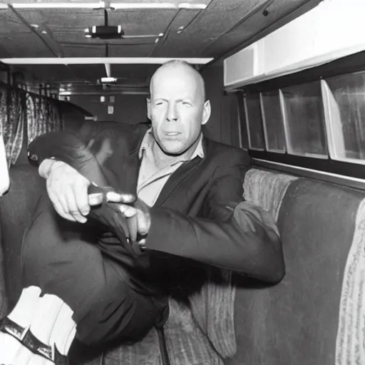 Prompt: bruce willis learning to fly in the back of a bus, realistic photograph, vintage