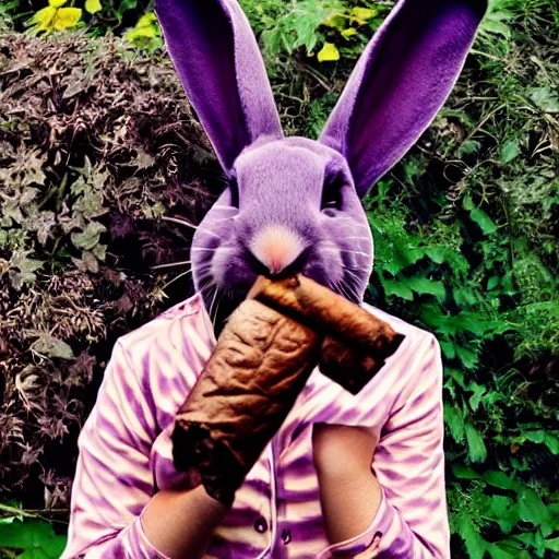 Image similar to professional photography of a violet rabbit smoking a cigar