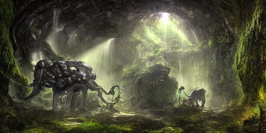 Prompt: magnificent mechanical steampunk elephant looking eerily into a cave entrance with lush vegetation and mystical (((glowing algae))) in the dawn, light coming through from holes in the ceiling, waterfalls, desaturated, creepy ambiance, dangerous, sharp focus, highly detailed, artgerm