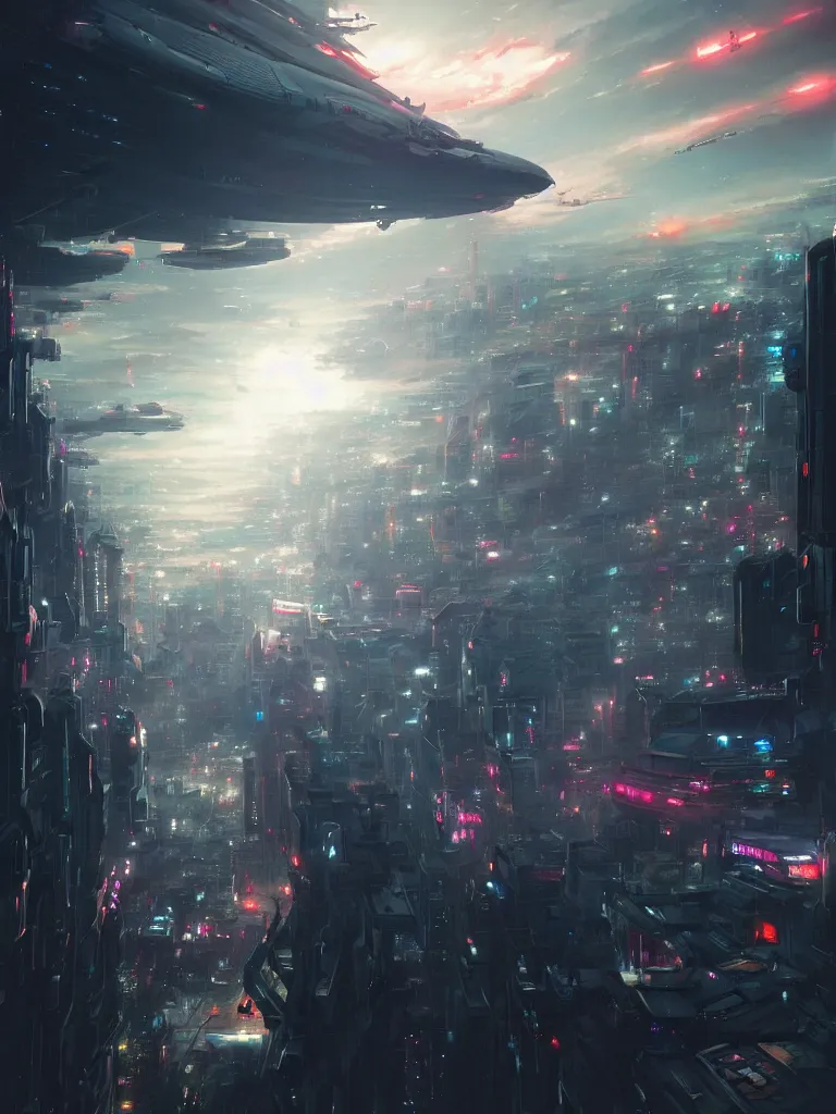 Image similar to Beautiful Epic scene of a beautiful gigantic futuristic military spacecraft carrier above a futuristic Tokyo style military city, by Greg Rutkowski and Krenz Cushart and Pan_Ren_Wei and Hongkun_st and Bo Chen and Enze Fu and WLOP and Alex Chow, Madhouse Inc., anime style, crepuscular rays, set in rainy futuristic cyberpunk Tokyo street, dapped light, dark fantasy, cgsociety, trending on artstation