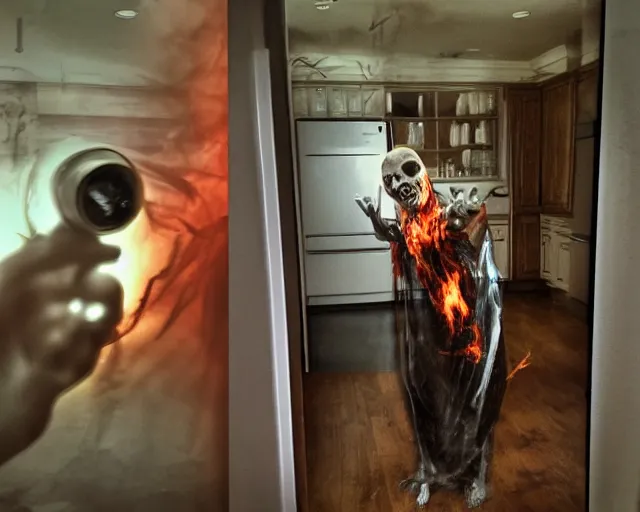 Image similar to horror demon evil transparent spirit attacks in kitchen interior photos shot on iphone, dynamic pose, middle body shot, sharp focus, grainy, corpse, paranormal flashlight, night, total darkness, poltergeist