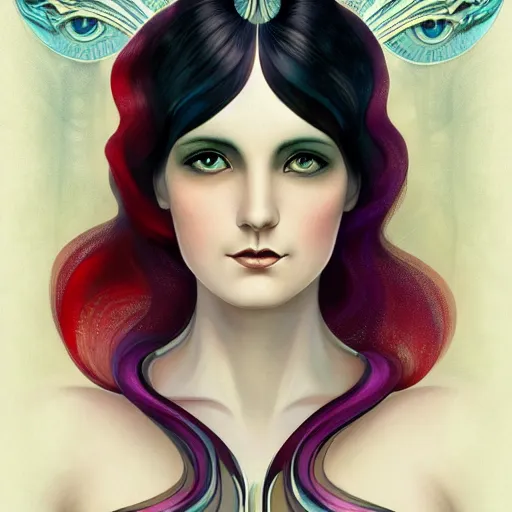 Image similar to an art nouveau, ( streamline moderne ), multi - racial portrait in the style of anna dittmann and charlie bowater and chanthara. very large, clear, expressive, and intelligent eyes. centered, ultrasharp focus, dramatic lighting, photorealistic digital matte painting, intricate symmetrical ultra detailed background.