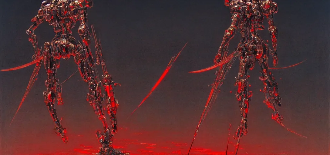 Image similar to only with white, a red samurai futuristic mecha, tokio, a lot of swords, in the style of beksinski, parts by edward hopper, parts by rodcenko, parts by yue minjun, intricate and epic composition, white by caravaggio, insanely quality, highly detailed, masterpiece, red light, artstation, 4 k