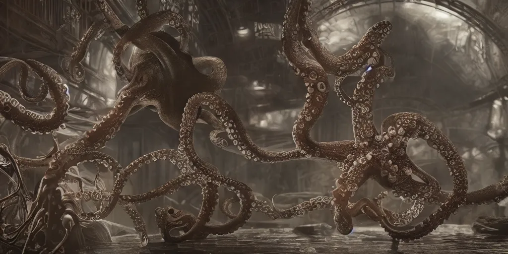 Prompt: hyperrealism, art nouveau, detailed textures, photorealistic 3 d art nouveau octopus japanese pearl queen superheroes in a apocalyptic galaxy, japanese old style print, ultra realistic, cinematic, intricate, cinematic light, unreal engine 8 k, octane render, unreal engine, 8 k, octane render, unreal engine