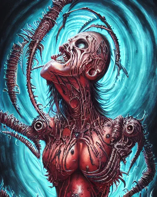 Image similar to charred bloody fleshmetal female cyborg daemonhost psychedelic flamer of tzeentch, by antonio j. manzanedo, giger, alex grey, android jones, wayne barlowe, philippe druillet, raymond swanland, cyril rolando, josephine wall, harumi hironaka, cronenburg, trending on artstation