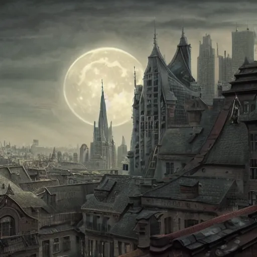 Prompt: an intricate, detailed matte painting of a rooftop in the city that has many aerials and structures on top with a huge, realistic moon in the background, dramatic lighting, 4k, trending on artstation, by Greg Rutkowski