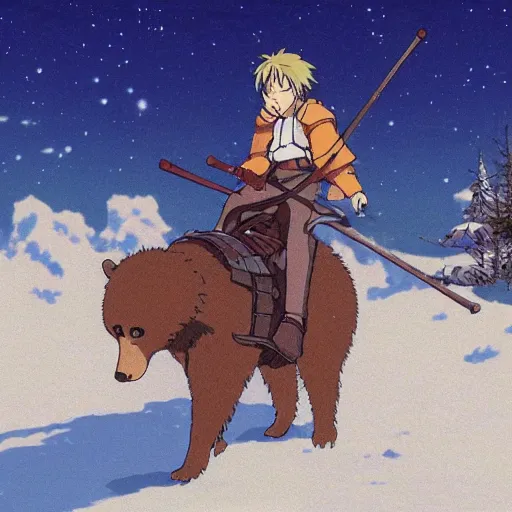 Image similar to Anime Russian man riding a bear in tundra, Studio Ghibli, highly detailed, establishing shot