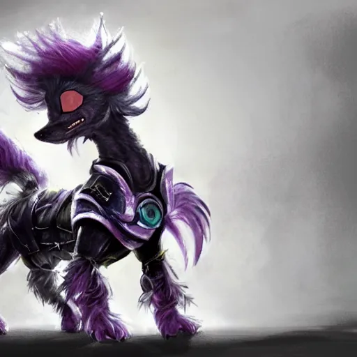 Image similar to Chinese crested powderpuff dog, full body, battle armour, Anthropomorphized, casting epic spell, magic the gathering artwork, D&D, fantasy, cinematic lighting, centered, symmetrical, highly detailed, digital painting, artstation, concept art, smooth, sharp focus, illustration, volumetric lighting, epic Composition, 8k, art by Akihiko Yoshida and Greg Rutkowski and Craig Mullins, heroic pose, oil painting, cgsociety, magic lab background