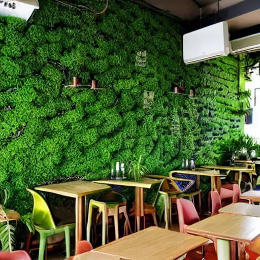 Prompt: a cafe in Vietnam, many green plants on walls and on tables, good atmosphere, relaxing, calming place, good design, people sitting down enjoying drinks