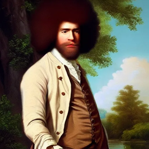 Image similar to 18th century painting of bob ross, photorealistic, ultra-realistic