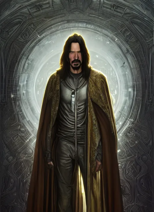 Image similar to Portrait of Keanu Reeves, silver long hair, cloak, male, fantasy, extremely detailed, digital painting, artstation, concept art, smooth, sharp focus, illustration, stunning lighting, art by artgerm and greg rutkowski and alphonse mucha and simon stalenhag, realistic character concept, low fantasy, light atmosphere, golden ratio, cinematic lighting, hyperdetailed, high resolution, insanely detailed and intricate, artstation, Marc Simonetti, Greg Rutkowski, 8k