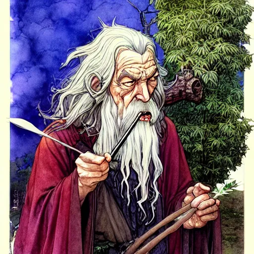 Prompt: a realistic and atmospheric watercolour fantasy character concept art portrait of gandalf with red eyes smoking a huge blunt looking at the camera with a pot leaf nearby by rebecca guay, michael kaluta, charles vess and jean moebius giraud