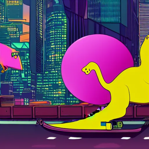 Prompt: a yellow dinosaur on a skateboard chasing a pink cat in a futuristic city, in the style of cyberpunk