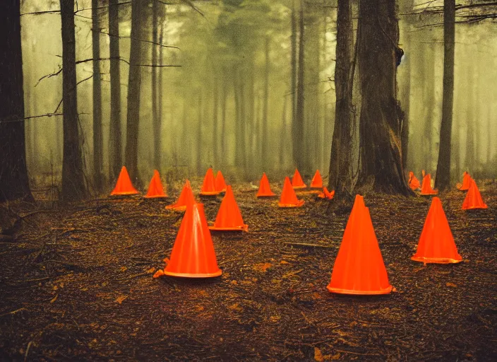 Prompt: a few orange safety cones in a beautiful strange forest, cinematic, atomspheric lighting, detailed by james jean, 2 4 mm lens, surreal