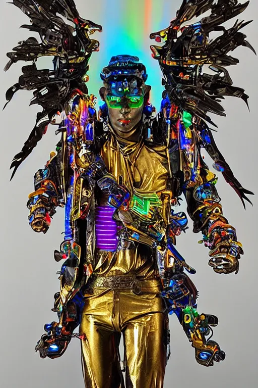 Image similar to full-body bladerunner style sculpture of a young handsome Latino prince as a half cibernetic android with a chest opening exposing circuitry and electric sparks, glowing laser beam eyes, crown of giant diamonds, flowing neon-colored silk, fabric, raptors. baroque elements. full-length view. baroque element. intricate artwork by caravaggio. many many birds birds on background. Trending on artstation, octane render, cinematic lighting from the right, hyper realism, octane render, 8k, depth of field, 3D