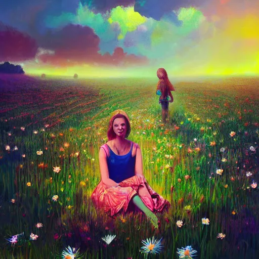 Image similar to giant daisy flower head, girl sitting in a flower field, surreal photography, sunrise, dramatic light, impressionist painting, colorful clouds, digital painting, artstation, simon stalenhag