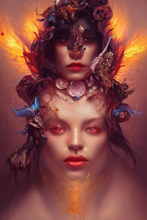 Image similar to beautifulmodel face covered with blood diamonds wearing fire velvet, diamonds, angel, fantasy, dramatic lighting, highly detailed, digital painting, magic the gathering, hyper detailed, 3 d render, hyper realistic detailed portrait, peter mohrbacher, wlop, ruan jia