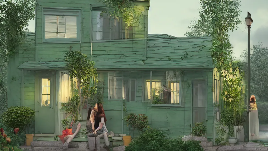 Image similar to ! dream a couple, green house, quiet street, sunset lighting, rim light, hyper realistic, 1 0 5 mm, cinematic frame