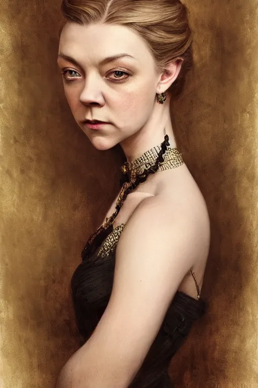 Image similar to a portrait of Natalie Dormer as an elegant beautiful dark bohemian vampire woman, bored, illustration, dramatic lighting, soft details, painting oil on canvas, art nouveau, octane render, HDR, 4k, 8k, HD, by Edmund Blair Leighton, Brom, Charlie Bowater, trending on artstation, faces by Tom Bagshaw, Sargent