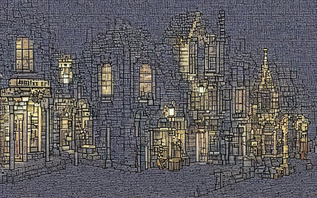 Prompt: Sideview of an 18th gothic street at night. Pixel art, high fantasy.