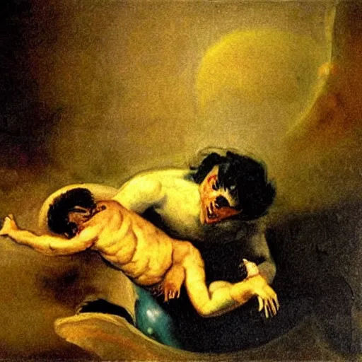 Image similar to saturn devouring his son, painting by francisco goya, oil painting