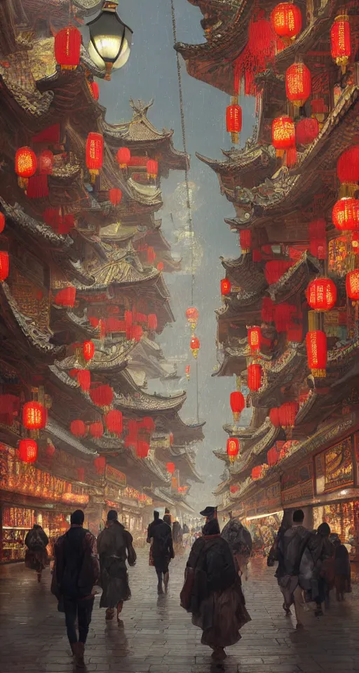 Image similar to epic scenery of a shopping street in the Chinese imperial city, intricate, elegant, volumetric lighting, digital painting, highly detailed, artstation, sharp focus, illustration, concept art, ruan jia, steve mccurry