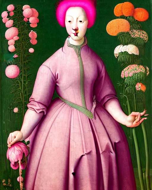 Image similar to portrait of a woman with pink hair buns, wearing a green puffer jacket and baggy jeans, standing in a garden full of plants and flowers, white background, intricate details, high detail, in the style of rogier van der weyden and jacopo da pontormo, punk, asian art,
