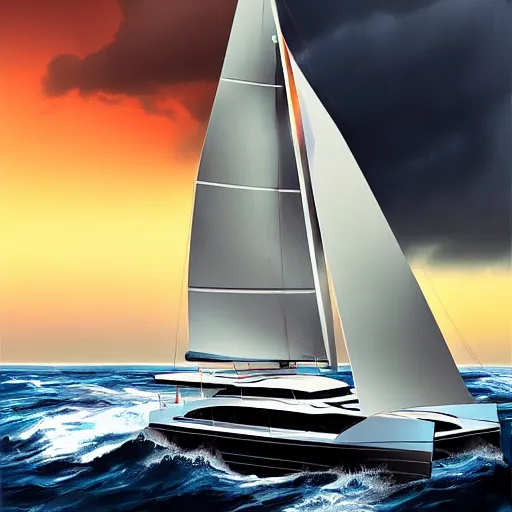 Image similar to catamaran yacht on the ocean during a storm painting, 4 k, hyper realistic, dslr, high resolution, landscape, beautiful