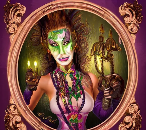 Image similar to beautiful female character inspired by new orleans mardi gras and rococo vampire bounty hunter | | digital artwork made by greg rutswork, anna dittmann and lois van barlee, symmetrical rim light, anatomically correct