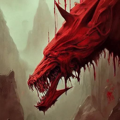 Image similar to Dark Fantasy Painting of a muscular red beast with blood dripping from its mouth, creepy, unsettling, horror, upper body, intricate, wild, highly detailed, digital painting, artstation, concept art, smooth, sharp focus, illustration, art by artgerm and greg rutkowski and alphonse mucha