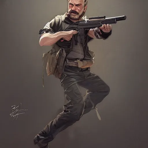 Image similar to mustle manly man holding a gun, elegant, dynamic pose, highly detailed, digital painting, artstation, concept art, matte, sharp focus, illustration, art by Artgerm and Greg Rutkowski and Alphonse Mucha