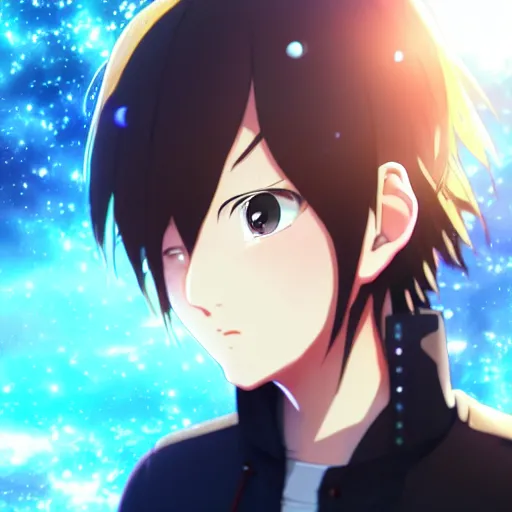 prompthunt: an anime face portrait of a music producer, in the background  you can see the universe. official art, key visual, studio lightning, very  detailed bd cover, Kimi no Na Wa, hyperrealistic