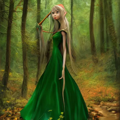 Image similar to a realistic portrait of a realistic female elf with a long withe and light green dress in the woods , perfect and hyperrealistic ultra detailed face, by WLOP