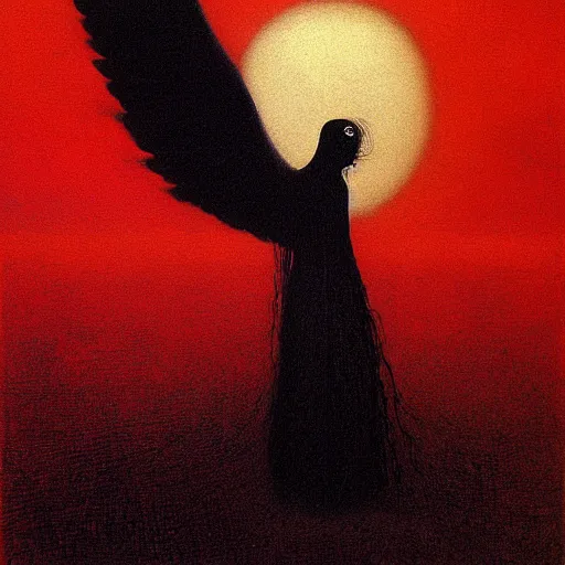 Prompt: bird girl with black wings by Beksinski