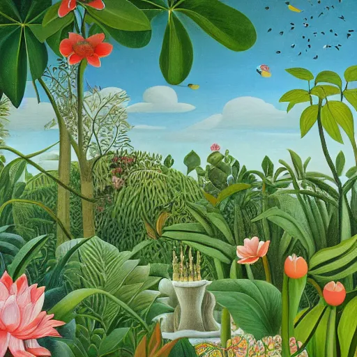 Image similar to hd photo of a fresco in naive art style by henri rousseau with birds and flowers and lotuses, highly detailed, unreal engine, photorealism