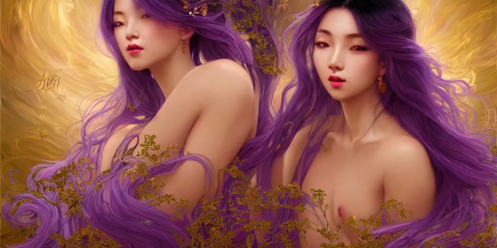 Image similar to asian nymph goddess flowing purple hair twisting in sensual pose with golden tattoes of cursive sigils on her opalescent skin, fantasy, intricate, very beautiful, elegant, golden light, highly detailed, digital painting, artstation, concept art, smooth, sharp focus, unreal engine, art by wlop and tian zi and alphonse mucha