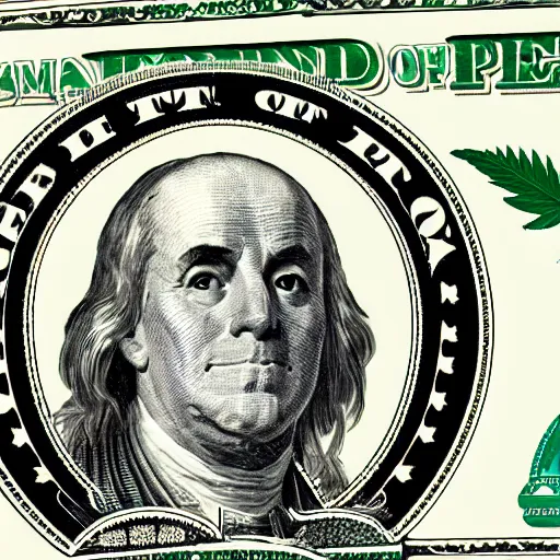 Prompt: money with an illustration of a hemp leaf instead of the president