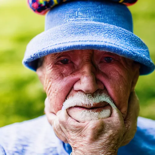 Prompt: portrait of an elderly man wearing a hotdog hat, 🌭, canon eos r 3, f / 1. 4, iso 2 0 0, 1 / 1 6 0 s, 8 k, raw, unedited, symmetrical balance, wide angle