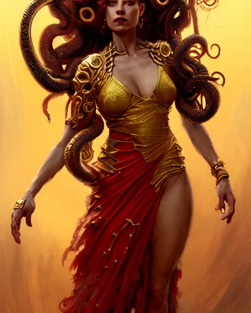 Prompt: fierce medusa in a red and golden dress, fantasy character portrait, ultra realistic, concept art, intricate details, highly detailed by greg rutkowski, gaston bussiere, craig mullins, simon bisley