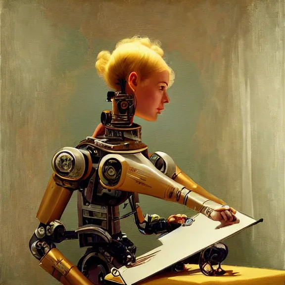 Image similar to robot artist painting a self - portrait on a canvas. intricate, highly detailed, photorealistic, film still, by gil elvgren, sachin teng, carl spitzweg, hans thoma, alexandros pyromallis.