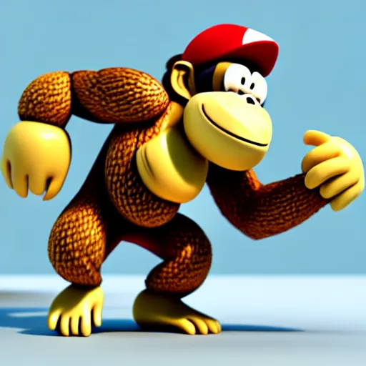 Image similar to Donkey Kong stepping on a banana. The banana is on the ground, Donkey Kong is above the banana. 3D render