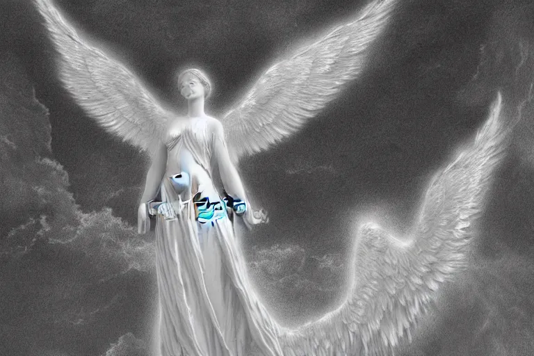 Image similar to a white angel with feathered wings open, digital art in the style of gustave dore, 4k