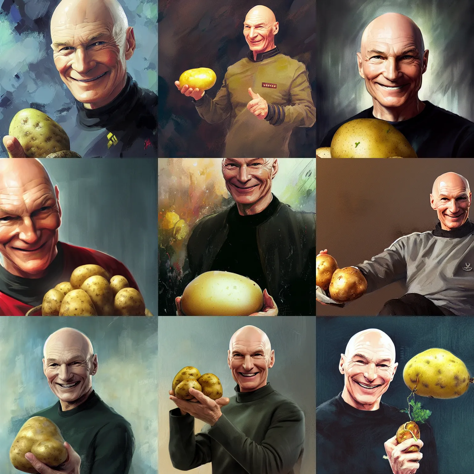 Prompt: captain picard smiling holding holding a potato, illustration by wadim kashin