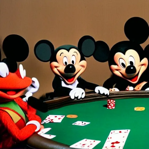 Prompt: kermit playing poker with mickey mouse in las vegas