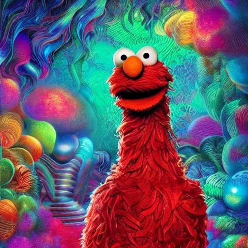 Prompt: ultra detailed illustration of Elmo from Sesame Street covered in a sea of iridescent liquid by nekro, Karol Bak, colorful, vivid colors, 8k, coherent, anime vibes, uplifting, magical composition, artstation, synthwave, 8k, coherent, artgerm, uplifting, unreal engine, magical composition, artstation