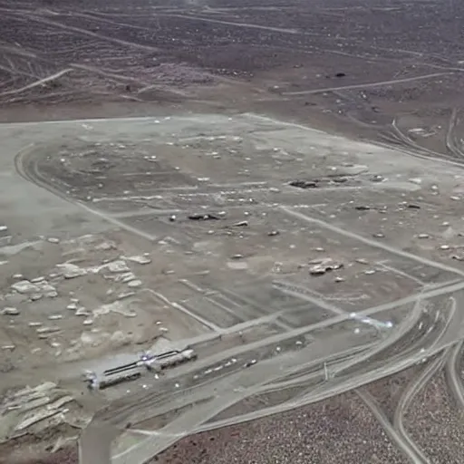 Prompt: aerial footage of Area 51, ufos parked on the ground