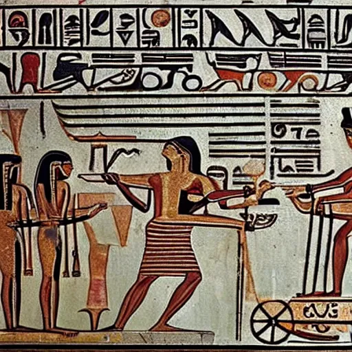Image similar to an ancient hieroglyphic depiction go karts racing