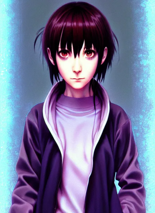 Prompt: a beautiful portrait painting of lain from serial experiments : lain. character design by shinji aramaki, charlie bowater, ross tran, artgerm, and makoto shinkai