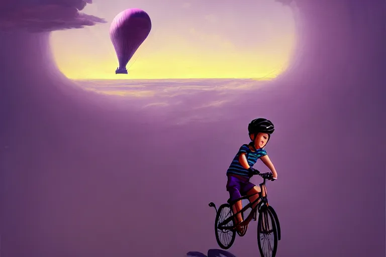 Image similar to kid rides a bicycle waving good bye to the airship at sunset, in the style of james jean, intricate and epic composition, purple by caravaggio, insanely quality, highly detailed, masterpiece, purple light, artstation, 4 k