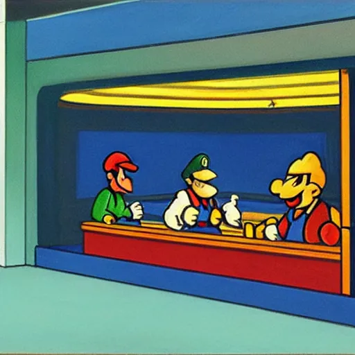 Prompt: nighthawks by hopper, but with super mario characters